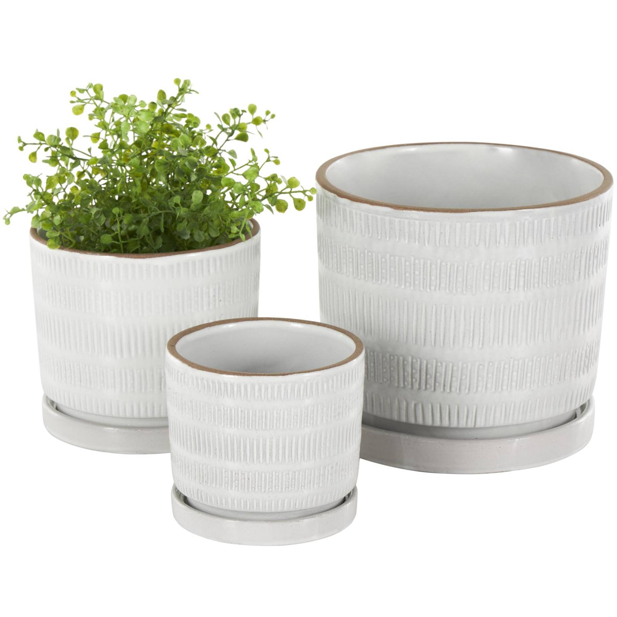 White Linear & Dotted Pattern Ceramic Planter Set